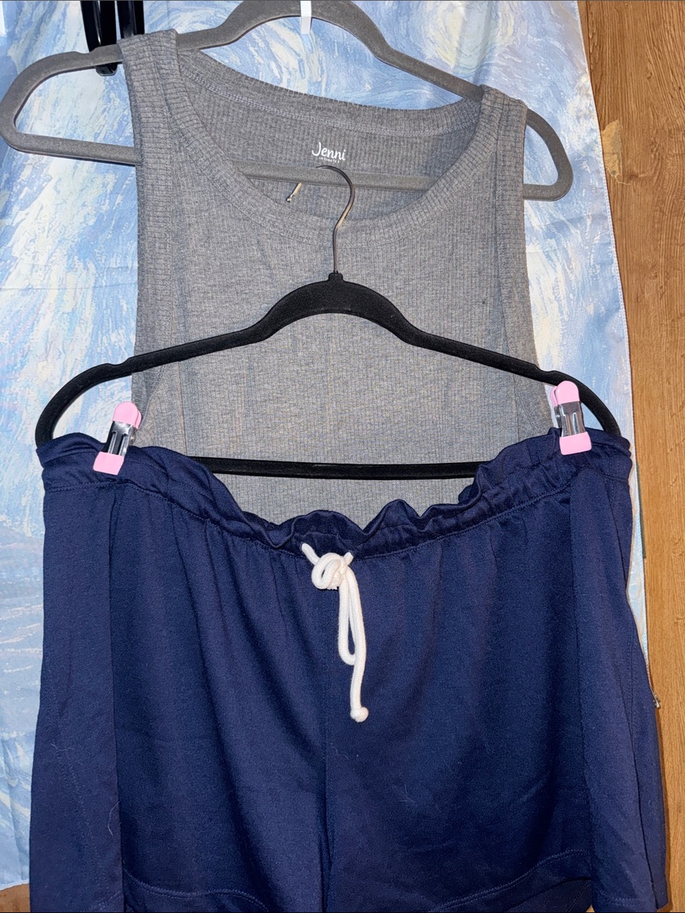 Jenni grey tank (72% rayon)and Navy Shorts with White Drawstring both size XXL.